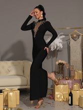 Modphy Black Elegant Mesh Splice Pearl Decor Bandage Dress, Long Sleeve Round Neck Formal Evening Gown